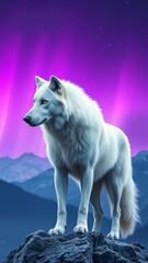 Fototapeta premium Majestic White Wolf on Mountain Peak Under Aurora � Mystical Night Background