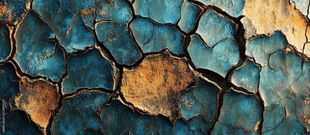 Poster abstract texture of cracked blue and gold paint with detailed patterns and copy space for text place
