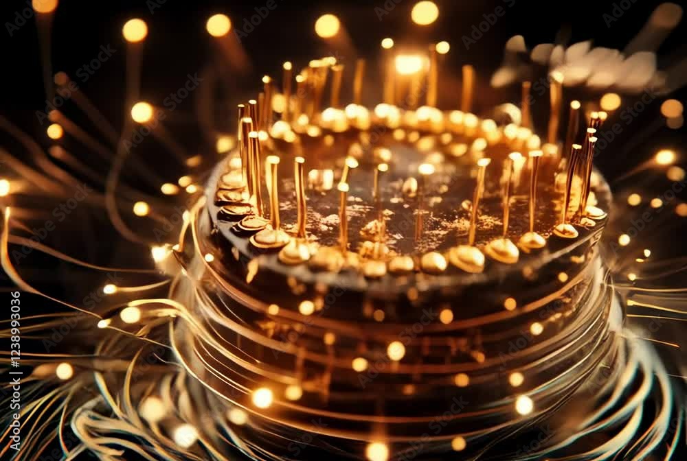 Poster close-up of a high-tech microchip surrounded by sparks and light effects, highlighting the intricate