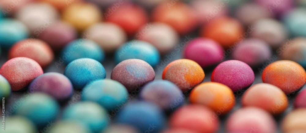 Poster multicolored candy-coated chocolate spheres arranged in a pattern with depth of field copy space