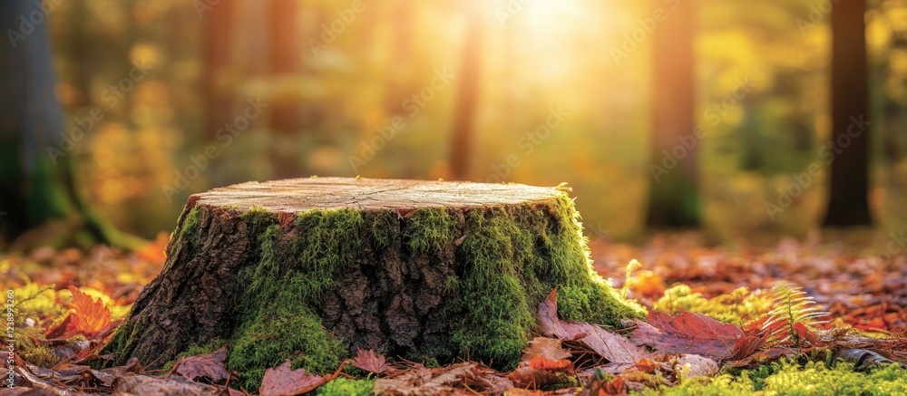 Poster tree stump covered in moss surrounded by autumn leaves and forest background with sunlight filtering