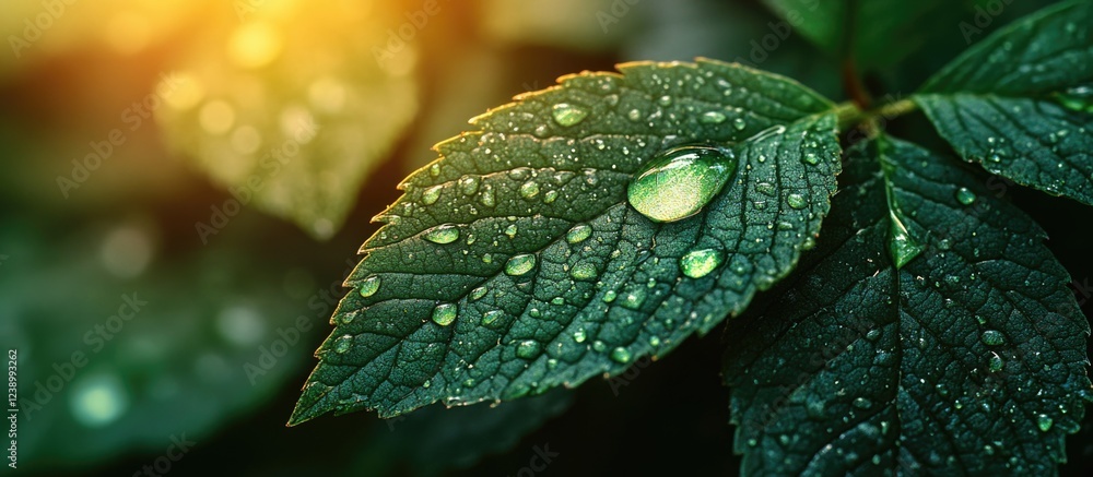Aufkleber close-up view of green leaves covered in water droplets with soft sunlight in the background and cop