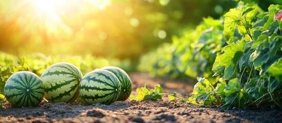 Fresh watermelons growing in a field under sunlight with green leaves and soil, vibrant agricultural scene with Copy Space