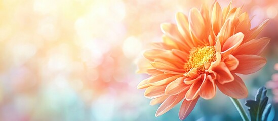 Orange daisy flower on soft blurred background with bokeh effect featuring light pastel colors and ample copy space for text