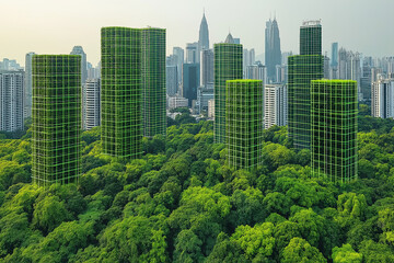 Fototapeta premium Green futuristic skyscrapers in urban forest setting.