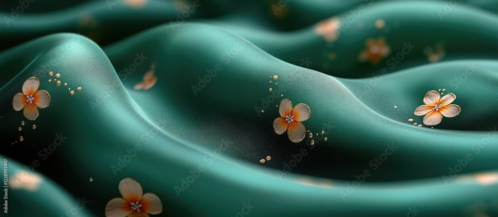 Poster floral patterned green fabric background with soft waves and copy space for text placement