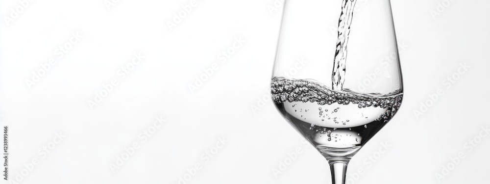 Poster pouring water into a clear glass with bubbles and white background creating copy space for text