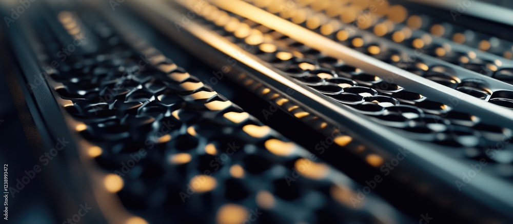 Poster close-up of textured metallic surface with geometric patterns and warm lighting highlighting details