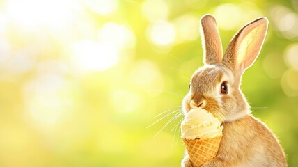 A cute bunny enjoys ice cream on a sunny Easter Day in a vibrant natural setting.