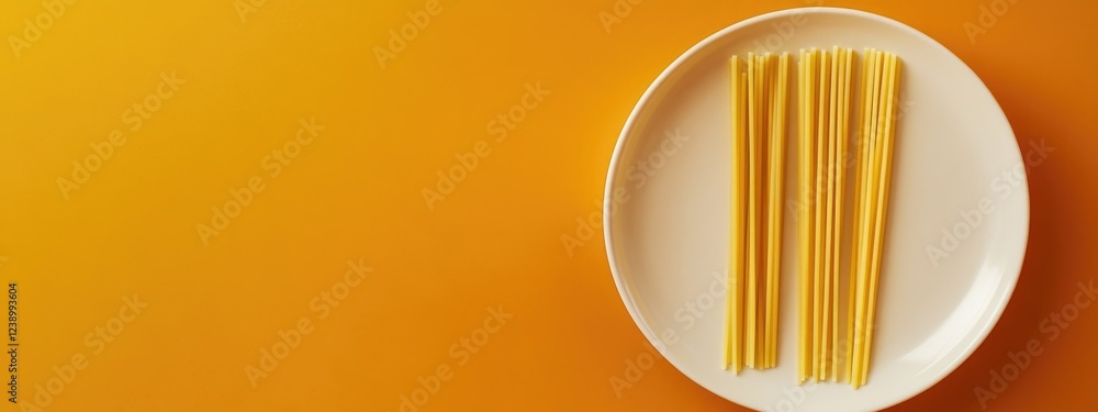 Aufkleber raw spaghetti placed neatly on a white plate against a solid orange background with ample copy space
