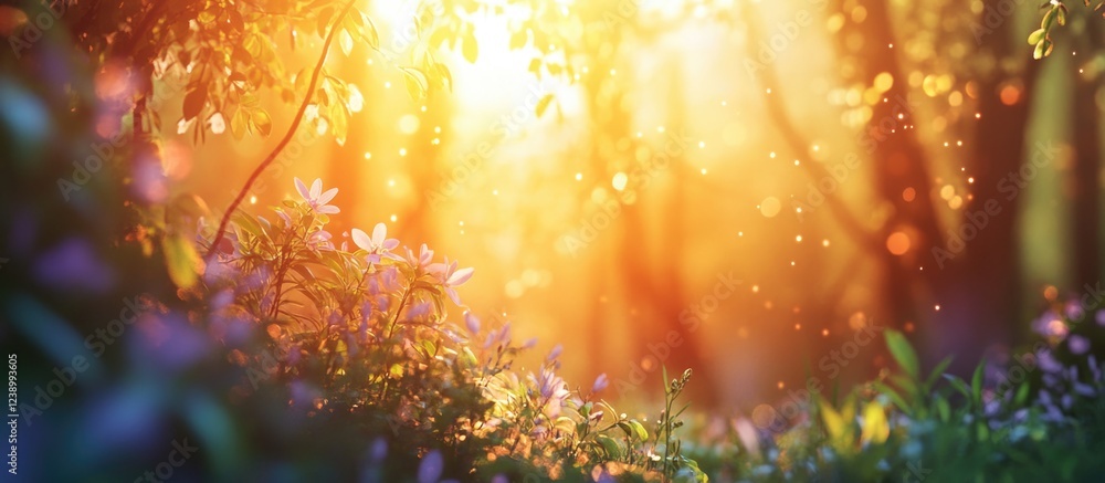 Poster sunlight filtering through trees in a forest with blooming flowers and blurred bokeh background copy