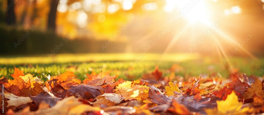 Aufkleber autumn leaves on grass with sunlight shining through trees creating warm colors and shadows copy spa