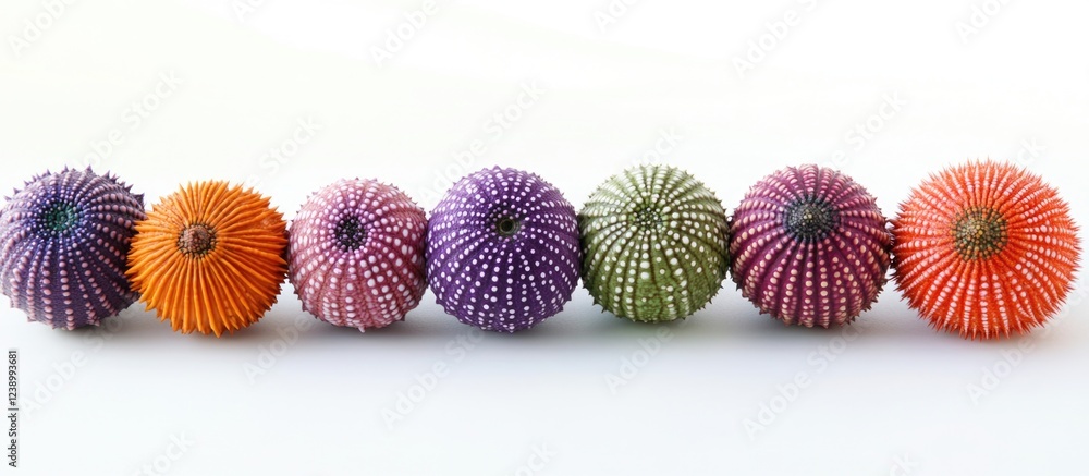 Poster colorful assorted decorative sea urchin shells arranged in a line on a white background with copy sp