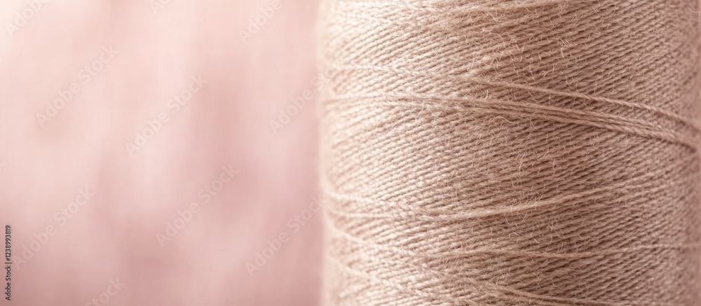 Poster close-up of beige thread spool on soft pink background with copy space for text placement