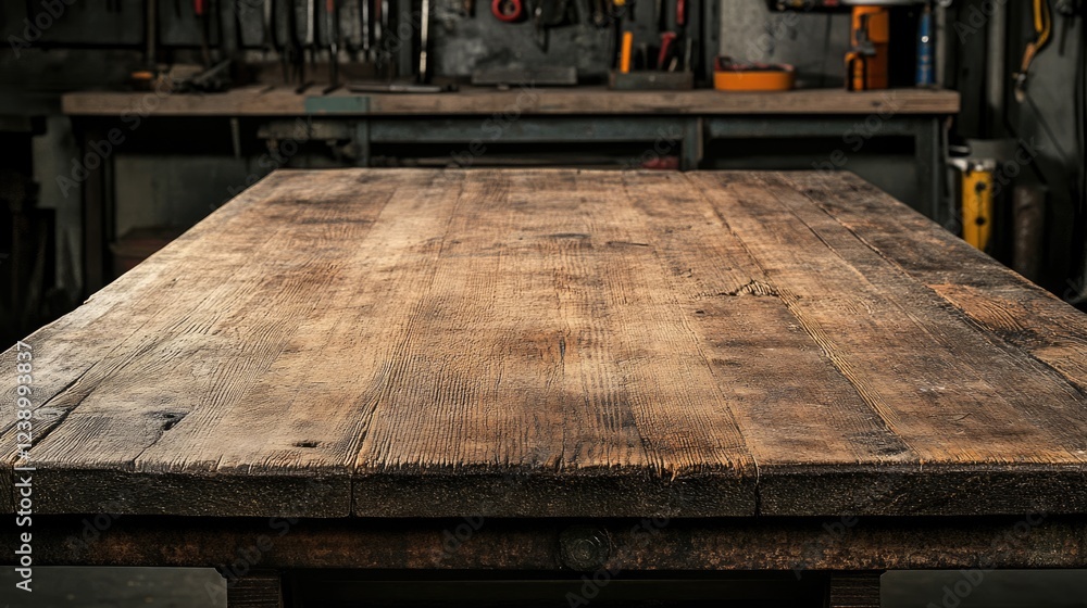 Poster wooden tabletop in workshop with tools in background featuring textured surface and rustic appearanc