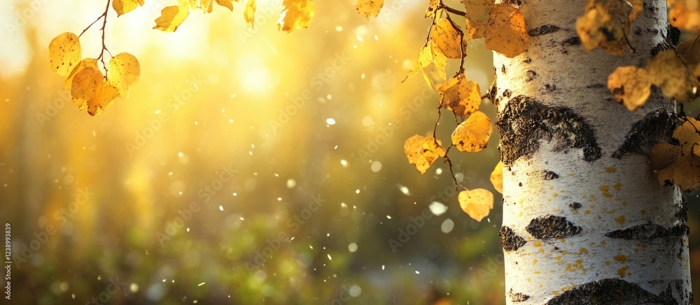 Poster autumn birch tree with golden leaves and sunlight filtering through a forest creating a warm atmosph