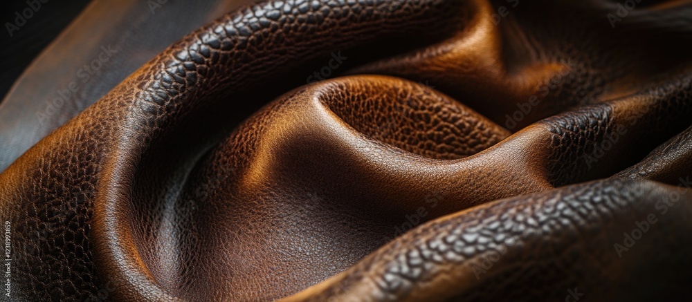 Poster brown leather texture with folds and shadows detailed close-up view suitable for backgrounds and des