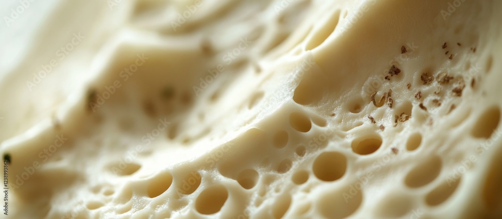 Poster close-up view of textured creamy material with holes and irregular surface patterns suitable for bac