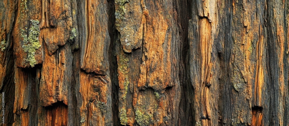 Poster close-up of textured tree bark with deep grooves and natural color variations, showing detailed brow