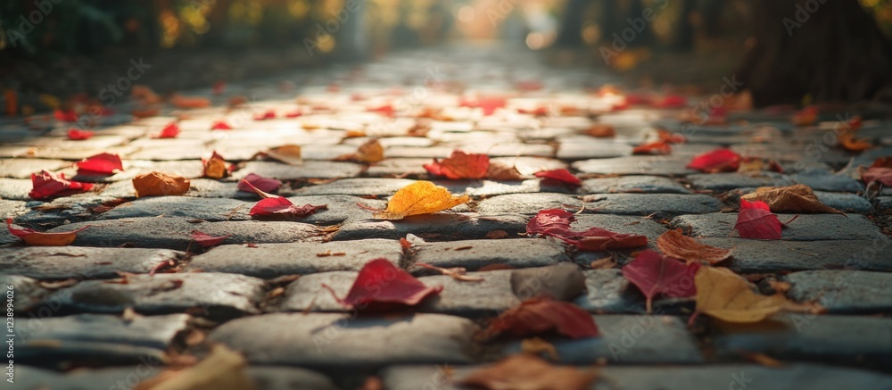 Poster colorful autumn leaves scattered on a cobblestone path with natural light filtering through trees in