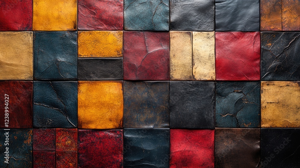 Poster colorful leather patchwork texture background with various shades and patterns of leather squares. c