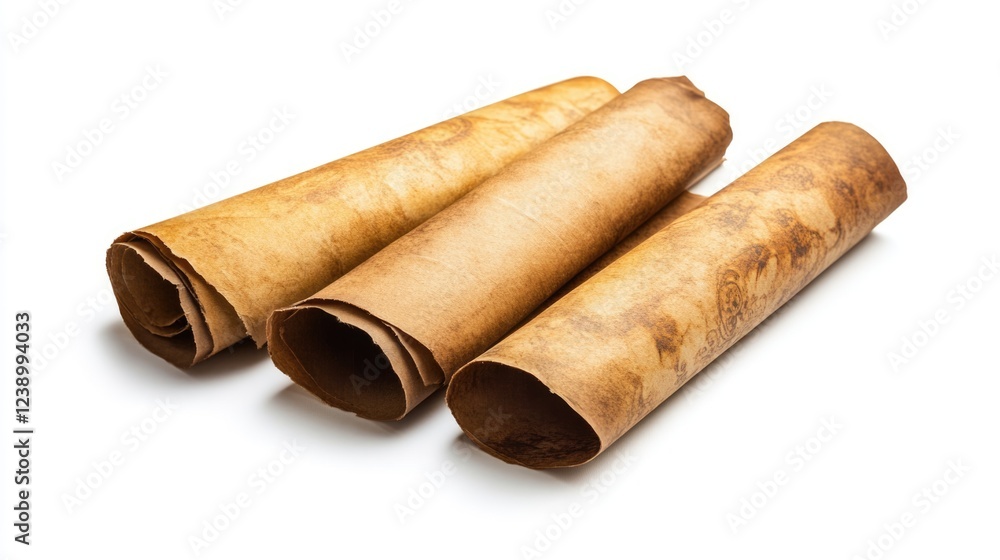 Aufkleber three rolled ancient parchment scrolls with weathered textures on a white background. copy space ava