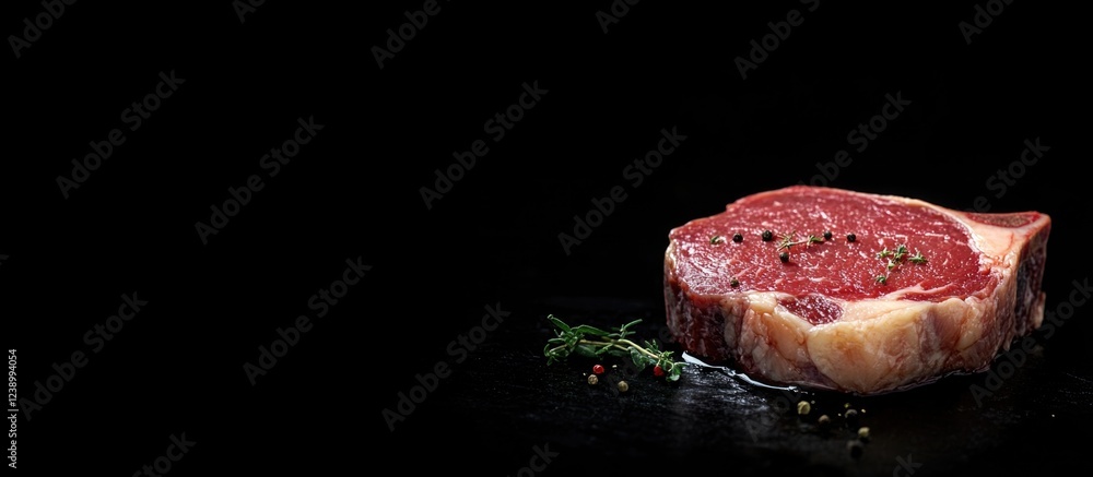 Poster raw ribeye steak with herbs and spices on dark stone background with copy space for text