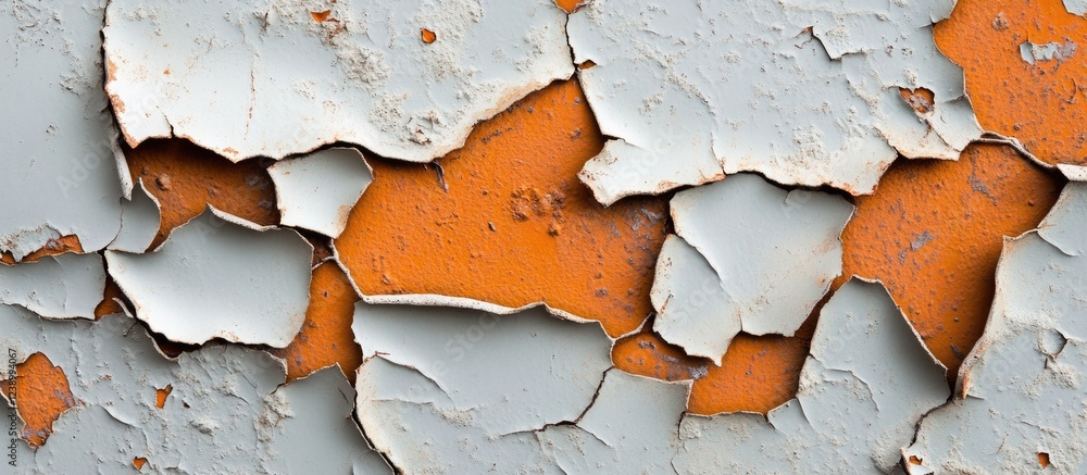 Poster textured close-up of weathered paint peeling off a surface revealing an orange underlayer with copy 