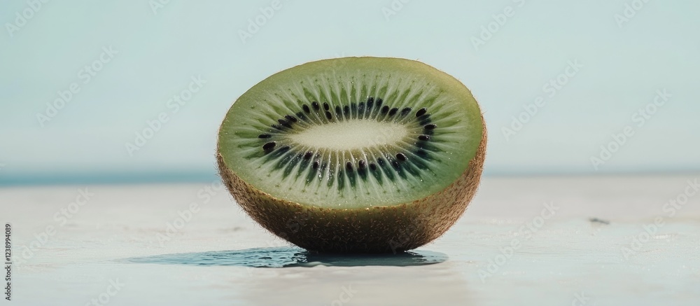 Poster fresh sliced kiwi fruit on a light surface with copy space for text or graphics
