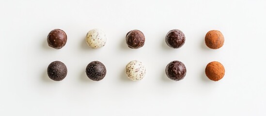 Obraz premium Assorted chocolate truffles arranged in a row on a white background with copy space