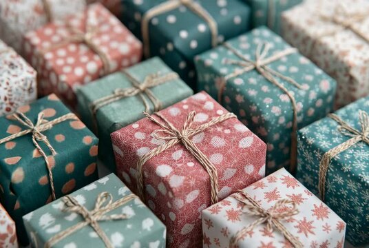 Beautifully Wrapped Gift Boxes in Colorful Patterns Ready for a Celebration or Special Occasion - Perfect for Holiday, Birthday, or Party Themes