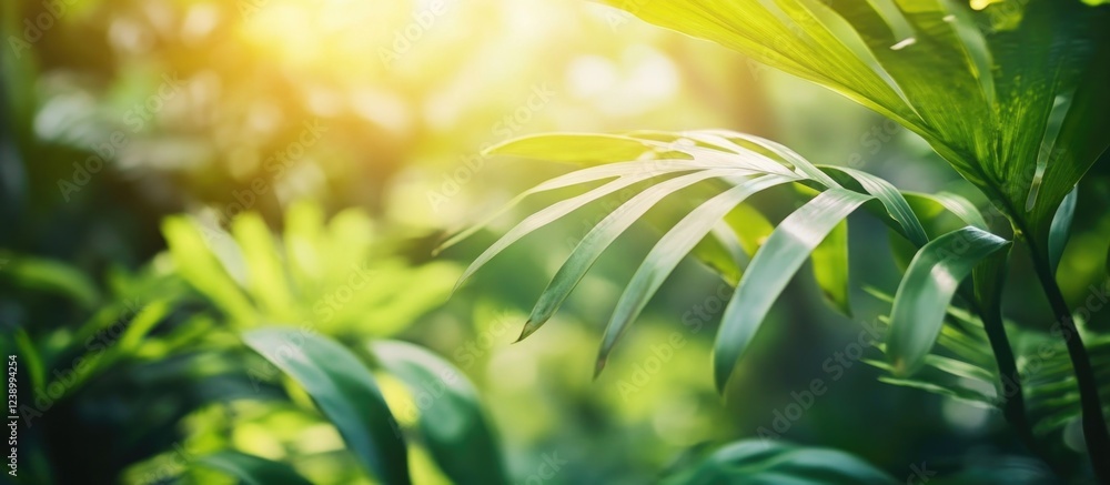 Poster lush green tropical leaves illuminated by sunlight with a soft bokeh background and copy space for t
