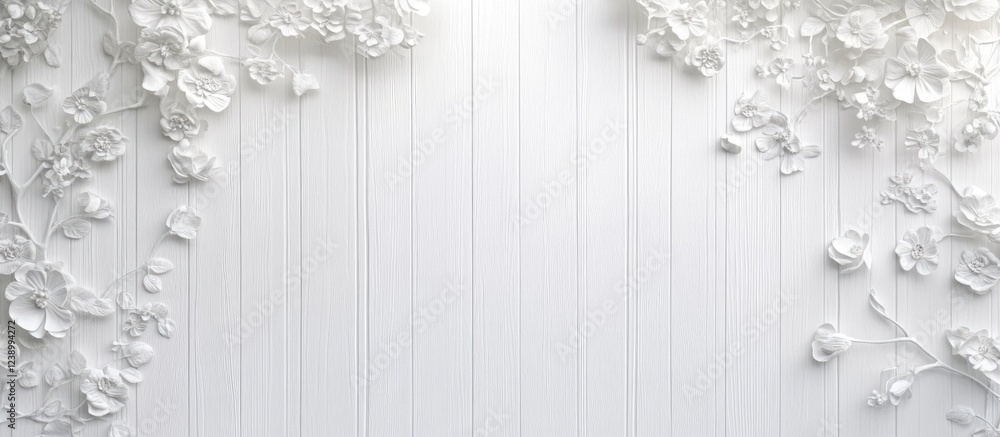 Poster white floral design with three-dimensional flowers on a textured wall background with ample copy spa