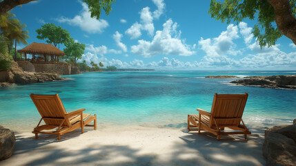 Stunning tropical beach with wooden lounge chairs facing clear blue waters