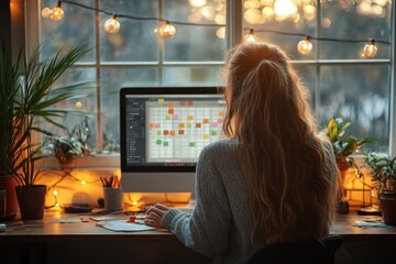 Woman Organizing Work Schedule Using Digital Calendar on Computer in Cozy Modern Office