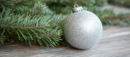 Silver glitter Christmas ornament with green pine branches on wooden background Copy Space