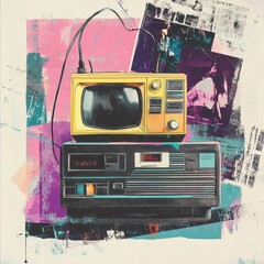 Fototapeta premium Retro Television and VCR Player with Abstract Background