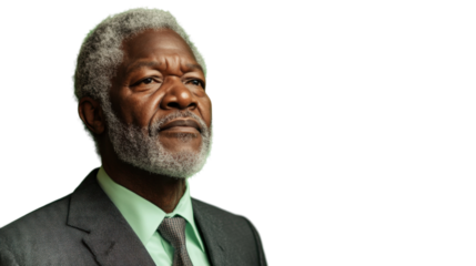 Senior black businessman looking up on transparent background