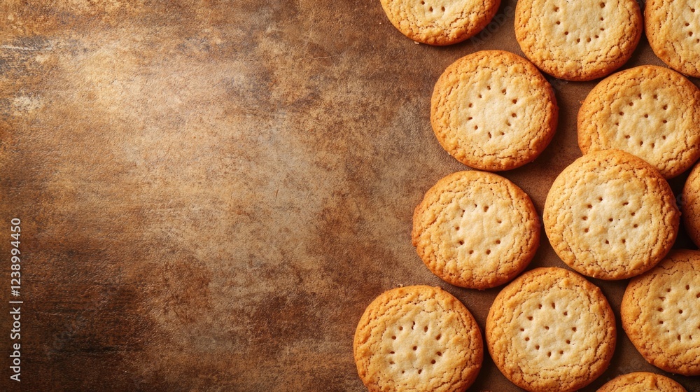 Poster baked round cookies arranged on a textured brown surface with copy space on the left for text placem