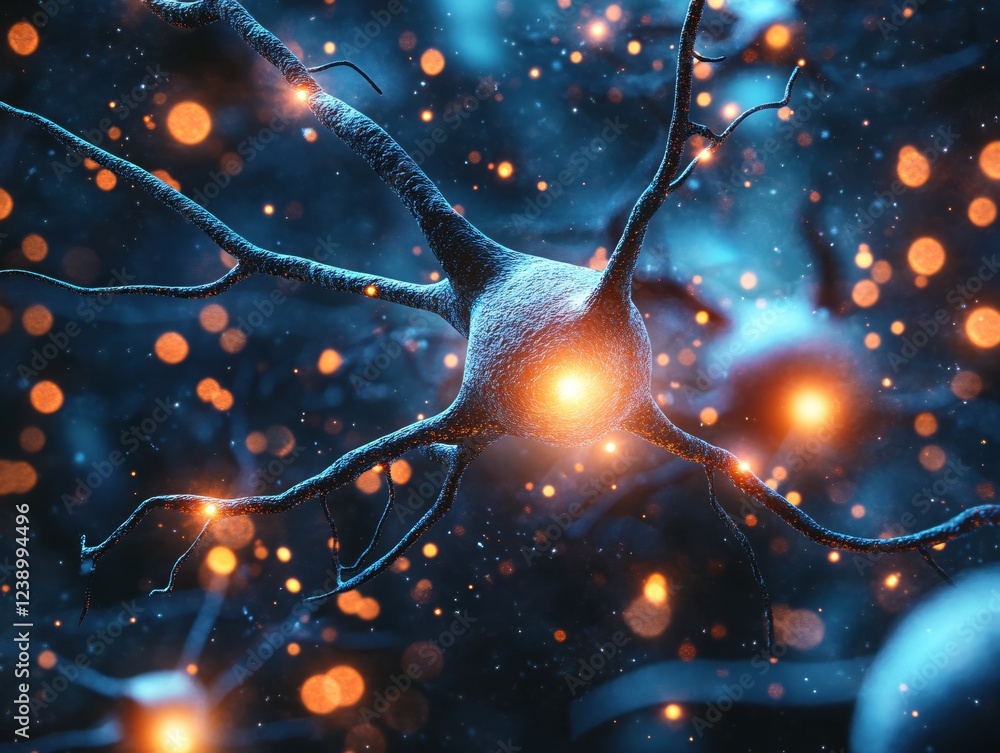 Poster neuron cell with glowing center and branches against a dark blue background with bokeh lights