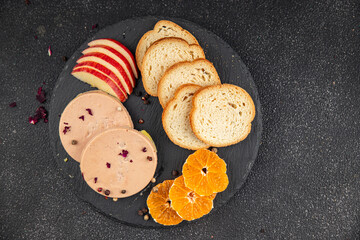 Foie gras snack goose liver French cuisine fresh tasty food dish gourmet food background on the table rustic food top view copy space © Alesia Berlezova