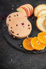 Foie gras snack goose liver French cuisine fresh tasty food dish gourmet food background on the table rustic food top view copy space © Alesia Berlezova