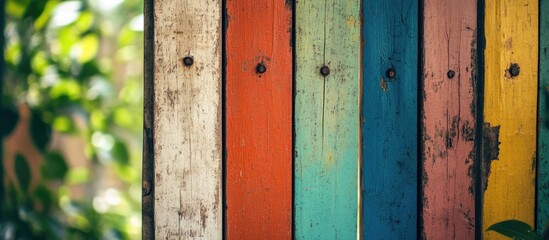 Colorful weathered wooden fence with vibrant paint in red, blue, orange, yellow, and green tones and green foliage in the background Copy Space