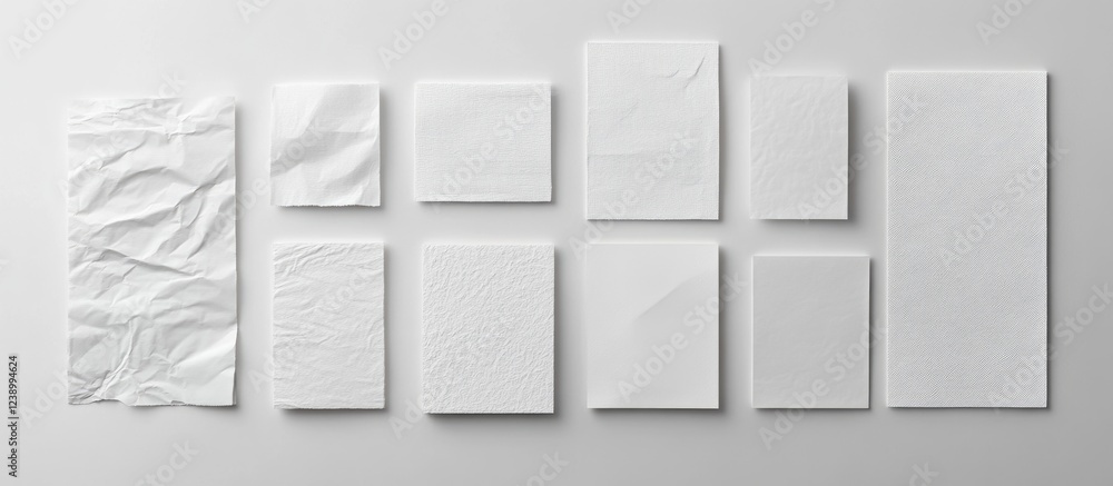 Poster assorted blank textured paper sheets arranged on a gray background with copy space for text or desig