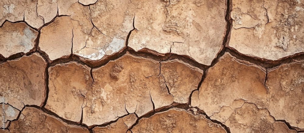 Poster dry cracked earth texture close-up with visible fissures and soil patterns copy space