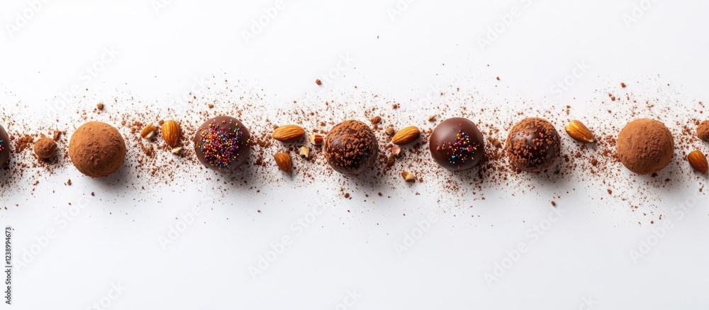 Aufkleber chocolate truffles arranged on a white background with cocoa powder and nuts on the surface, featuri