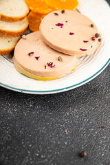 Foie gras snack goose liver French cuisine fresh tasty food dish gourmet food background on the table rustic food top view copy space