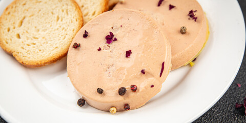 Foie gras snack goose liver French cuisine fresh tasty food dish gourmet food background on the table rustic food top view copy space