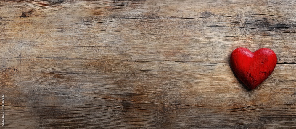 Poster red heart shape on rustic wooden surface with natural texture and warm tones copy space for text or 