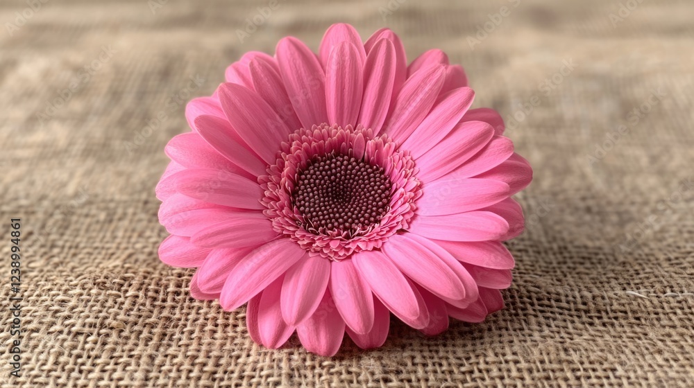 Poster pink gerbera daisy flower on natural burlap texture background with soft focus and copy space for te